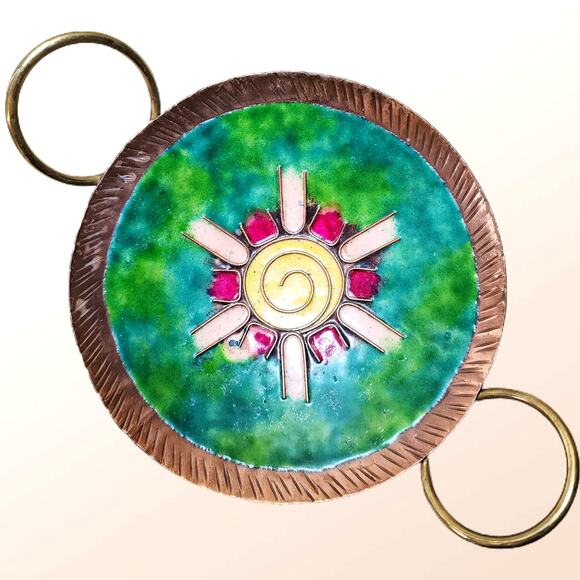 Vintage Round Copper Enamel Jewelry Tray-Unique Boho Trinket Dish with Handles - Picture 5 of 7